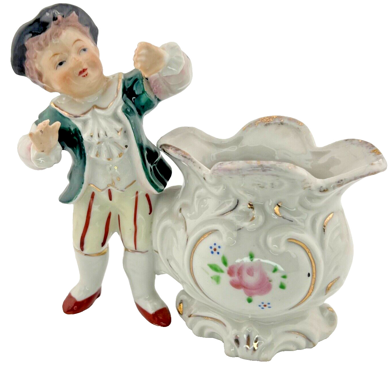 Vintage WALES Ceramic Porcelain Surprised Boy Child & Pot Planter, JAPAN