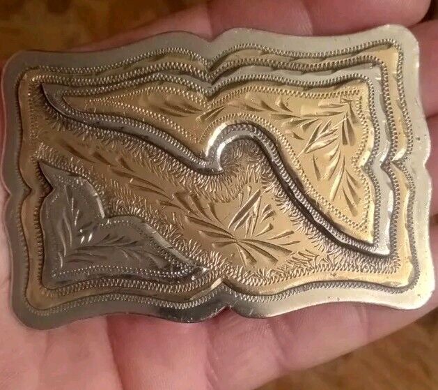 Vtg Hand Crafted Ornate Carved Nickel Silver & Brass Western Belt Buckle 3.5\