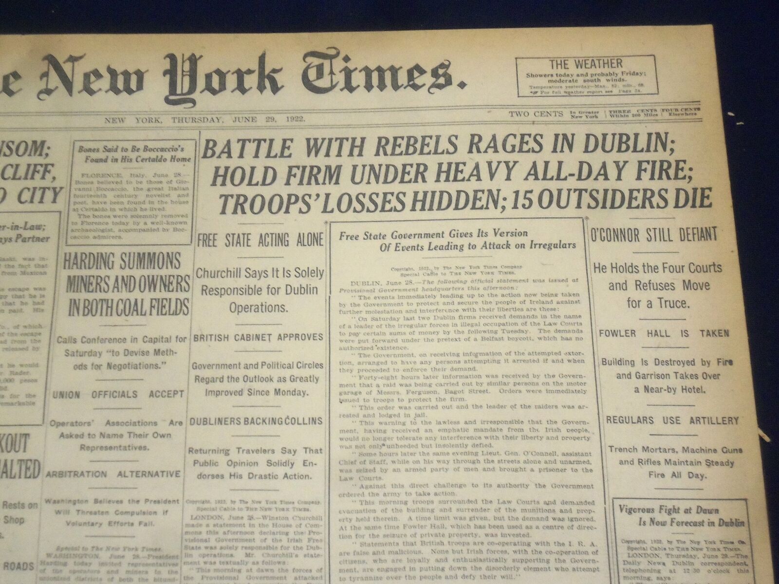1922 JUNE 29 NEW YORK TIMES - BATTLE WITH REBELS RAGES IN DUBLIN - NT 8404