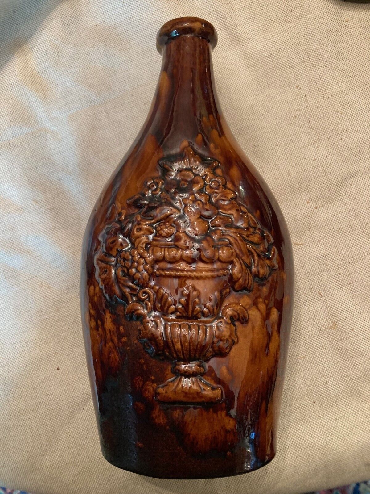 Great Rare Antique Bennington Glaze 2 Sided Flask With Urn Decoration. 10 1/4\
