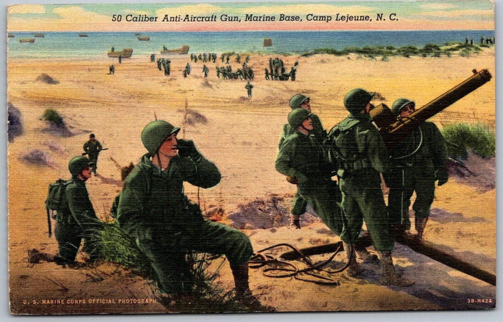 Camp Lejune North Carolina 1940s WWII Postcard 50 Caliber Anti Aircraft Gun USMC