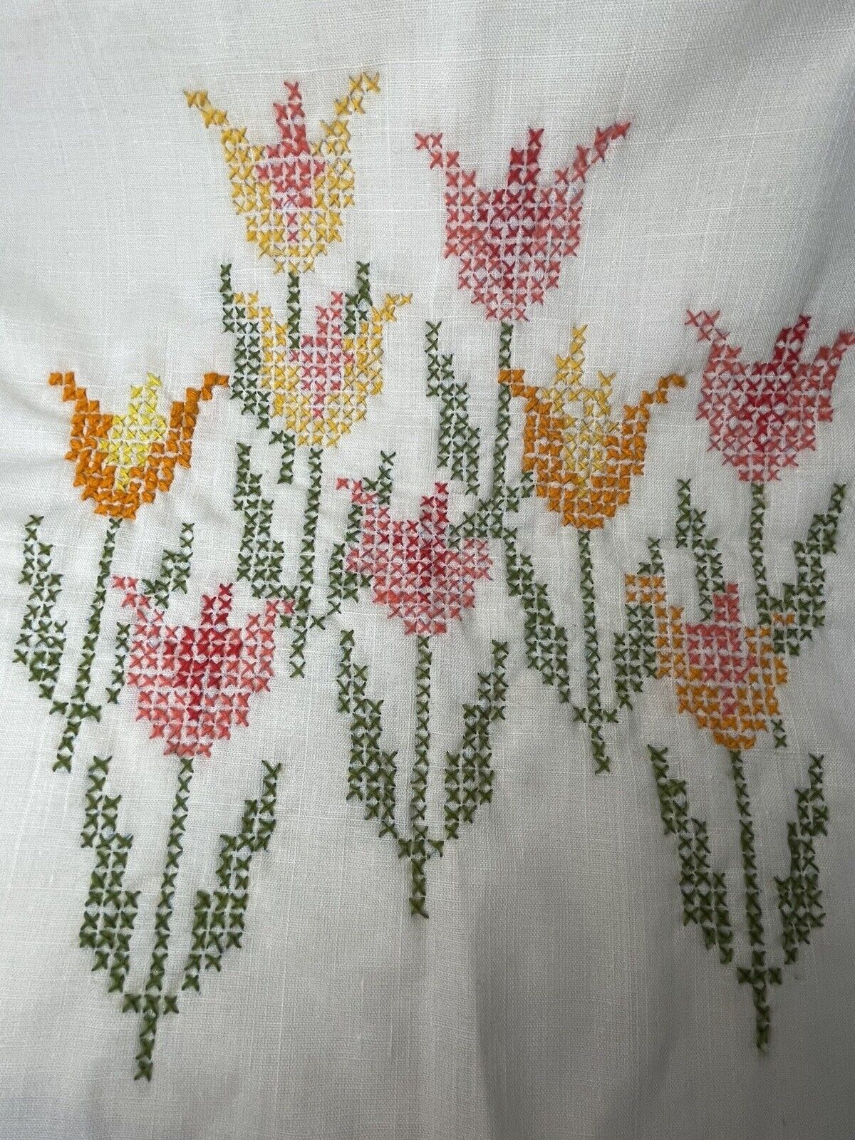 Vintage Tulip Embroidered Cross Stitch  17 x 34 Red Yellow Orange Fabric