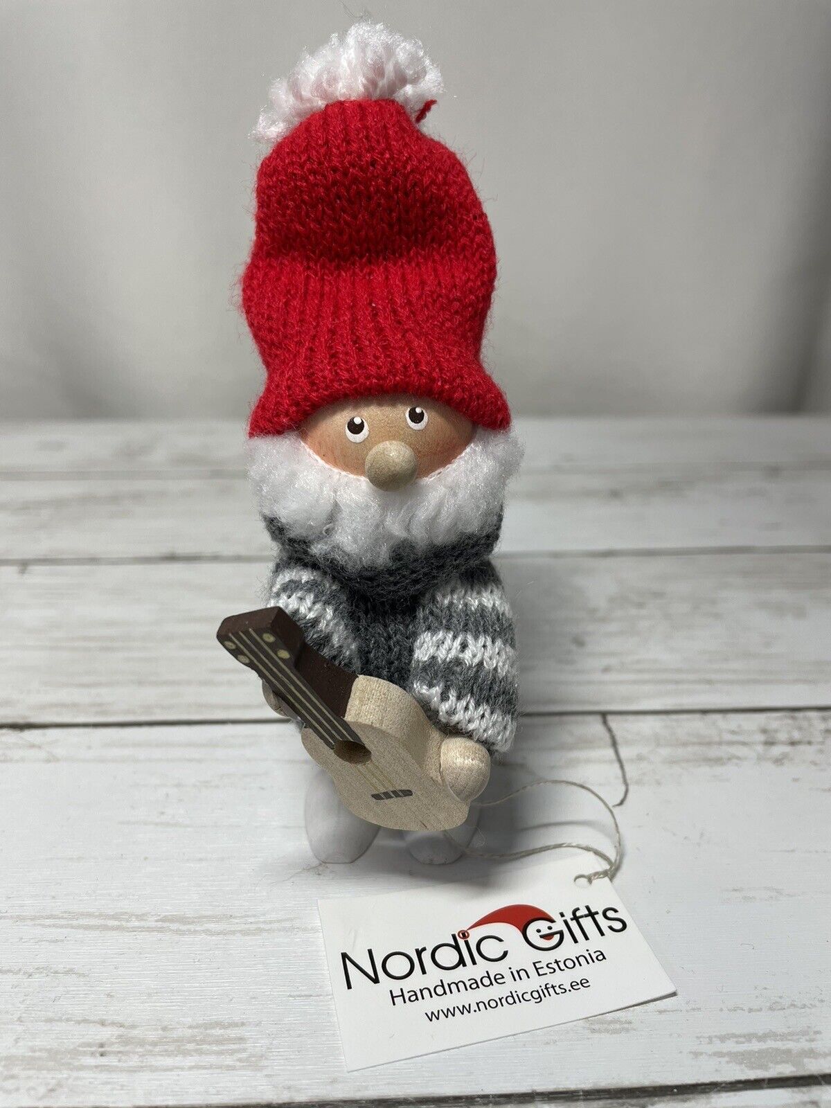 Nordic Gifts Wooden Tomte Elf w/grey sweater, red hat, guitar - Estonia NEW