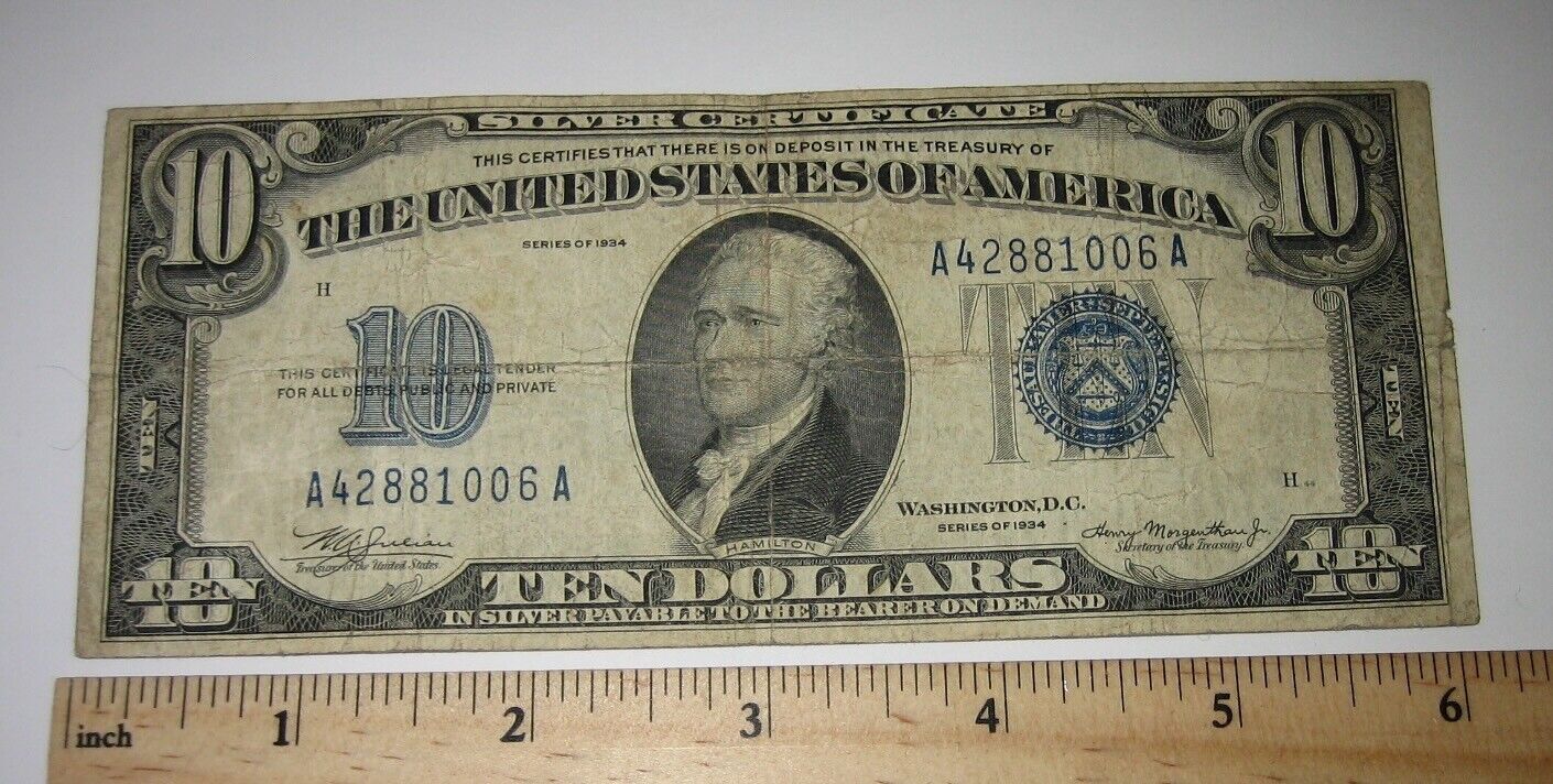 RARE 1934 BLUE SEAL $10 SILVER CERTIFICATE BANK NOTE BILL TEN USD CIRCULATED *1