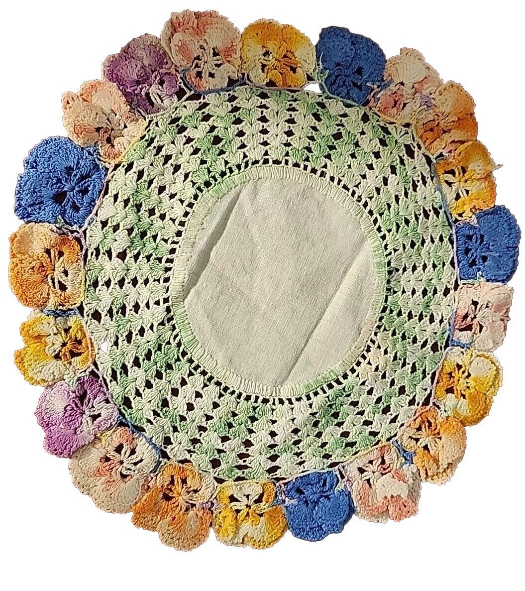 Hand Crocheted Round 3D Variegated Pastel Pansy Doily MCM Vtg 