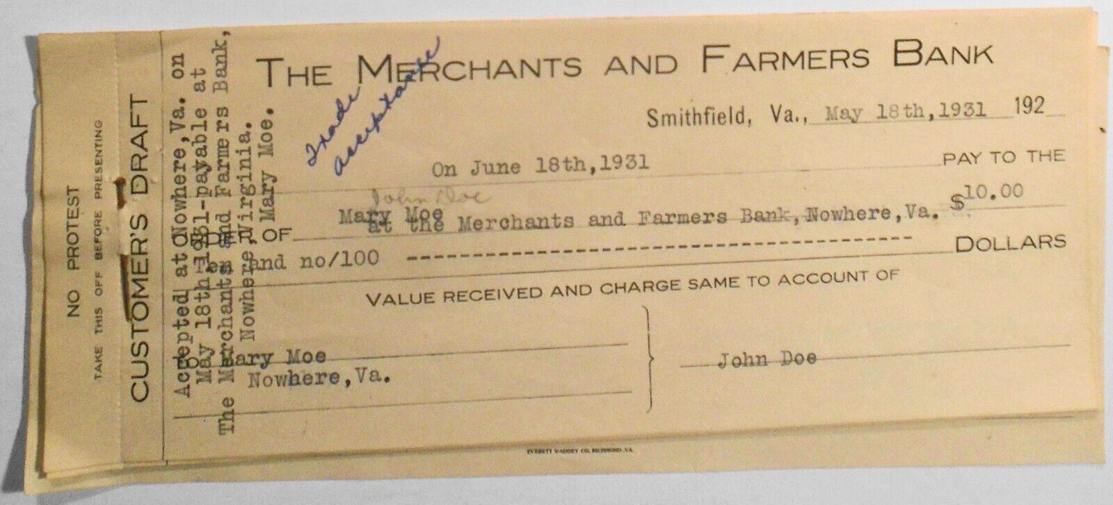 1931 Merchants and Farmers Bank Smithfield VA - 3 Customer\'s Draft + Demand Note