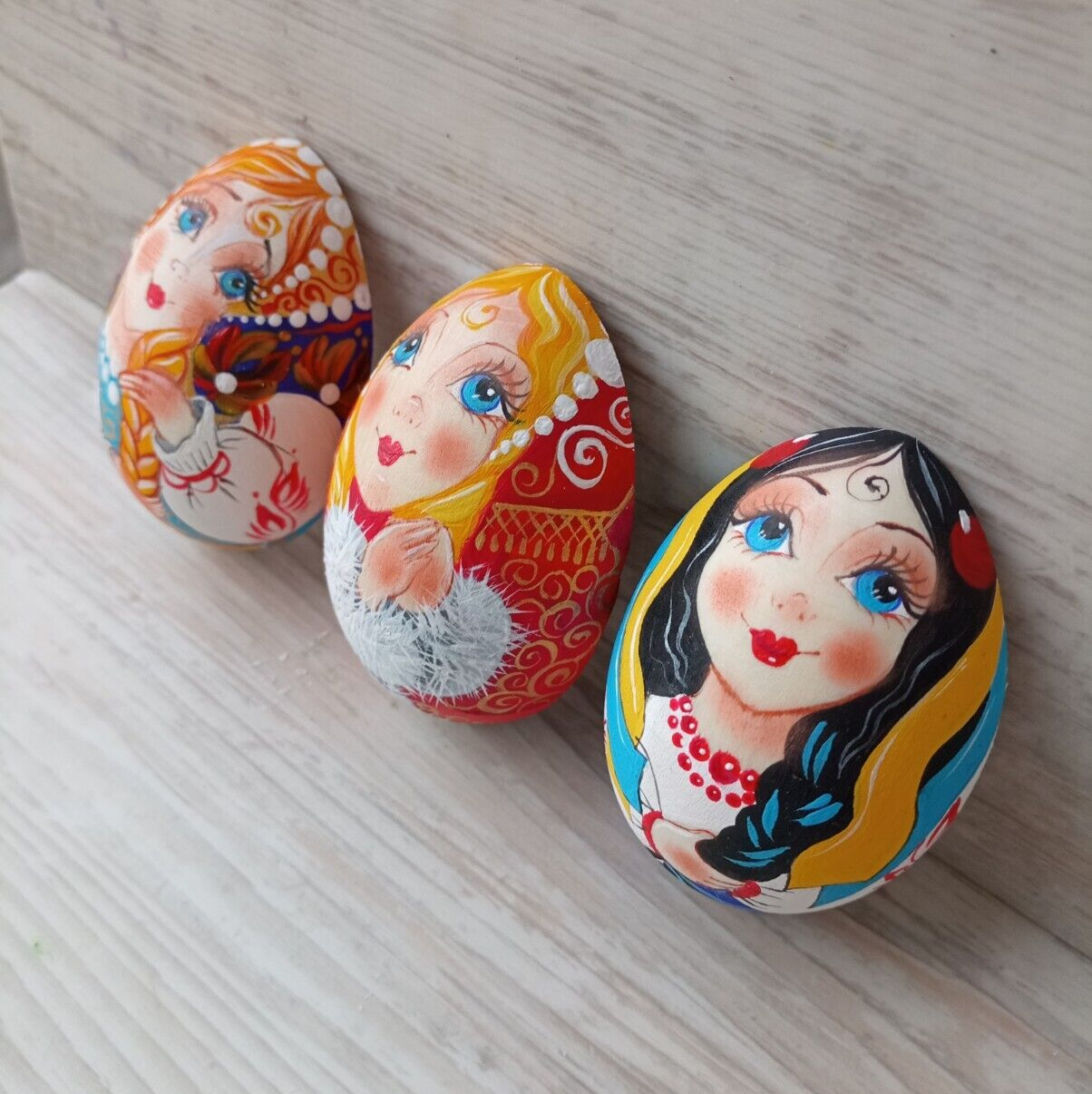 Hand Painted Wooden Fridge Magnets set of 3 pcs Ukrainian Dolls