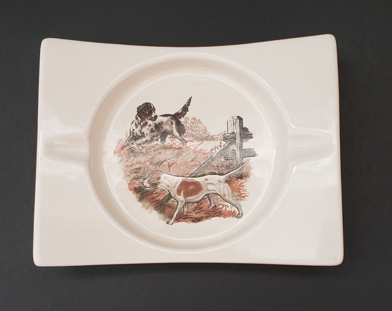 Vintage Hyalyn Hunting Dogs Ash Tray Porcelain Trinket Dish