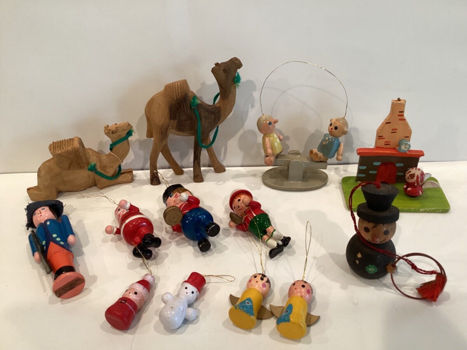 Unusual Vintage Kitschy Wood Christmas Ornament Lot Angel Santa Camels