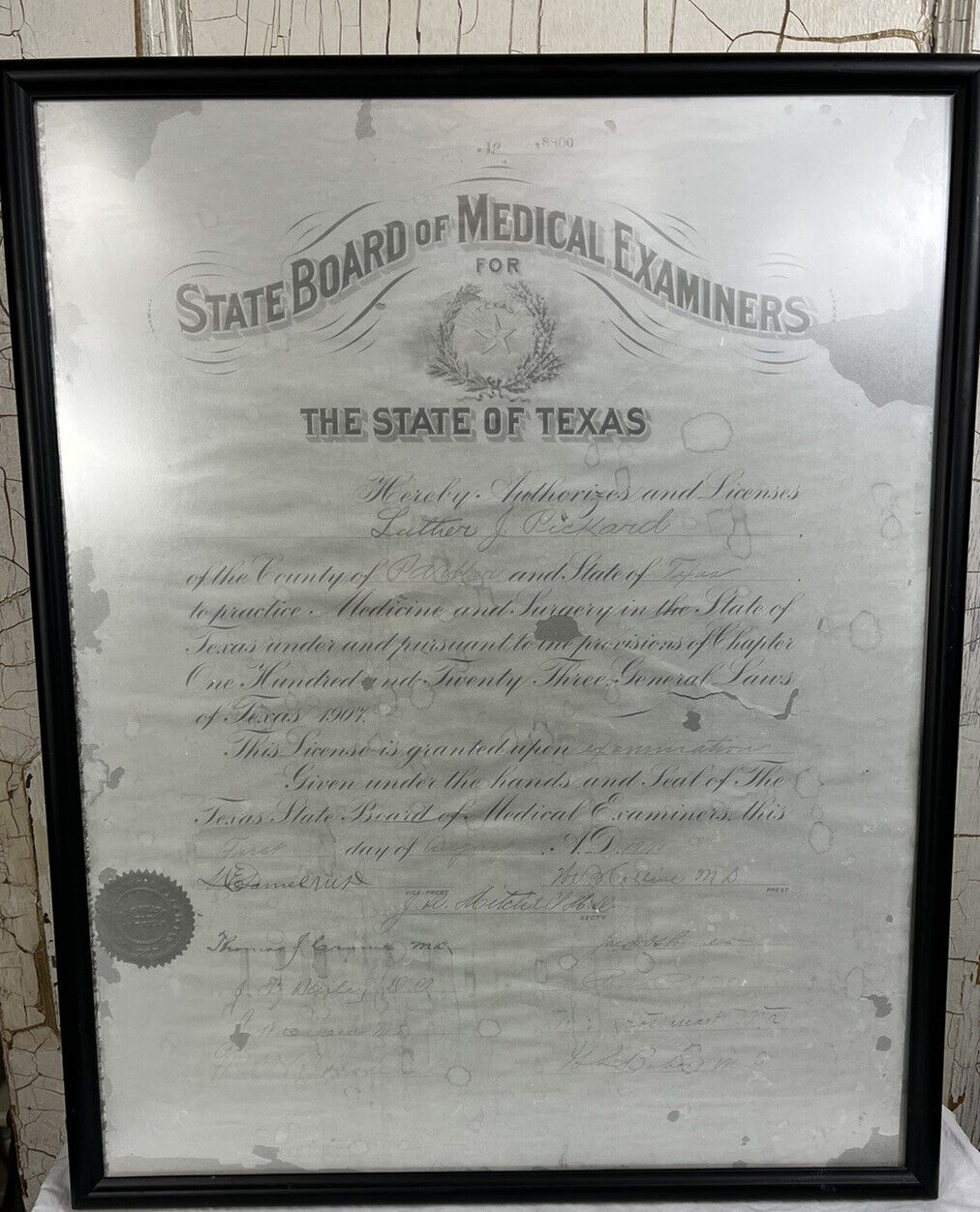 1911 MEDICAL EXAMINERS of TEXAS DOCTOR Certification Luther J Pickard