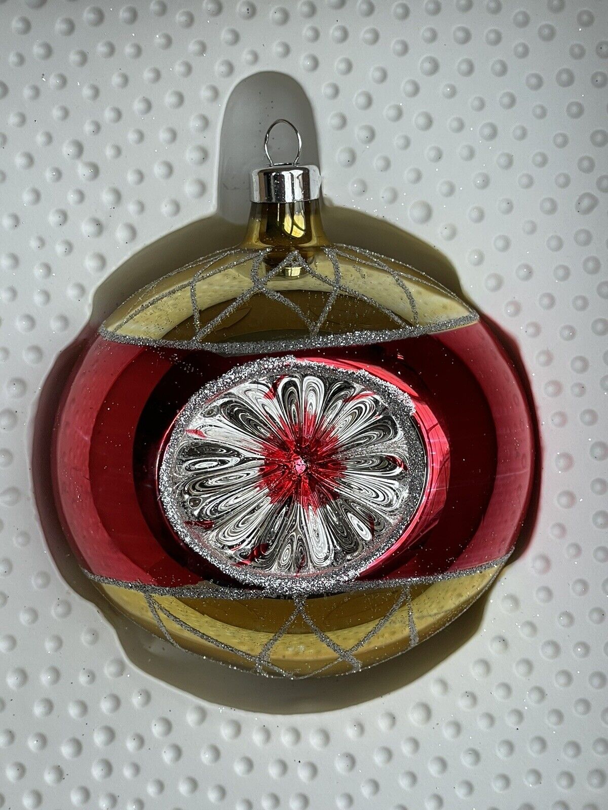 VTG Hand Blown Mercury Glass Ornament Starburst Atomic Large Red Gold Mexico 4”