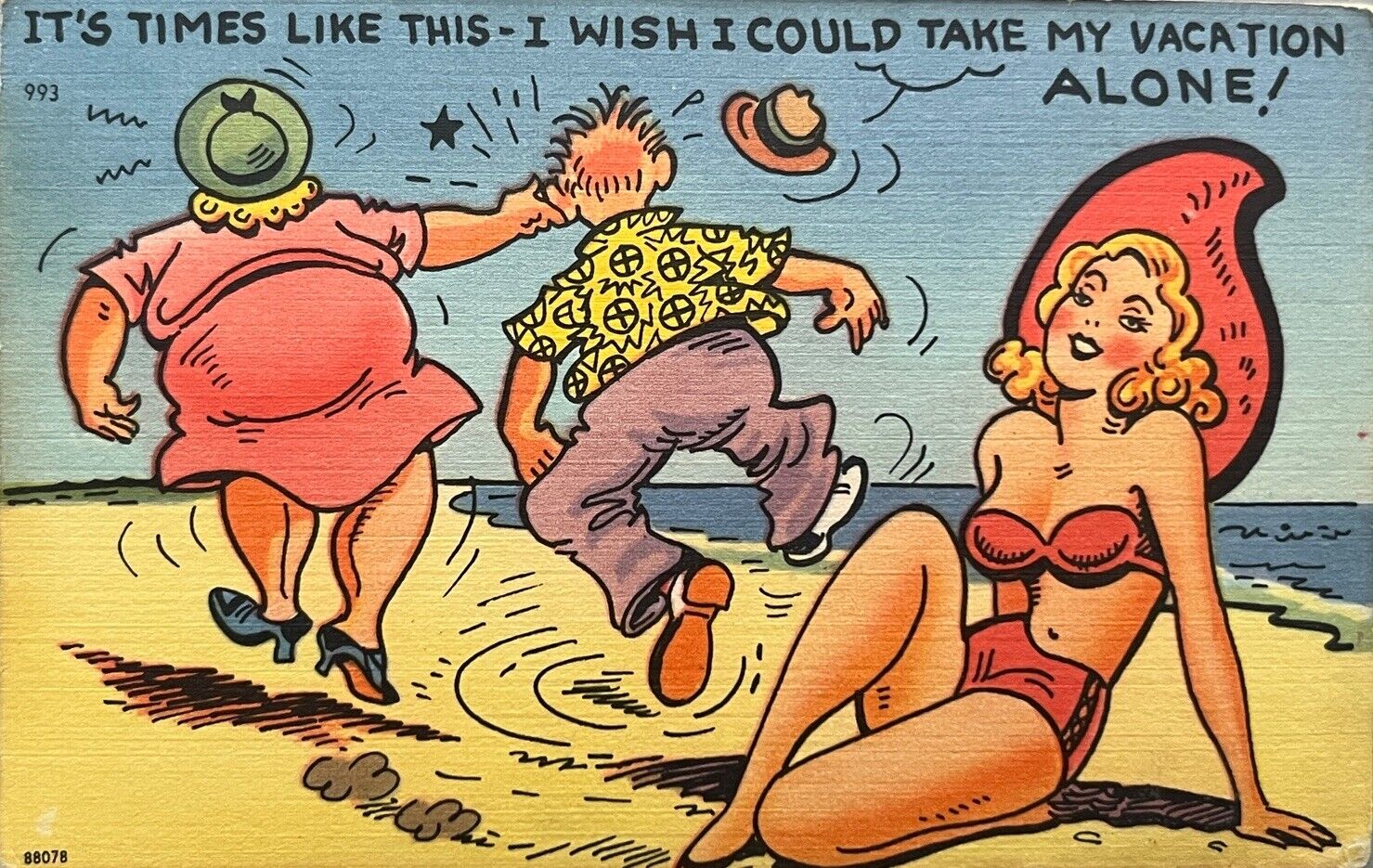 Comic Postcard Risque Pinup Sexy Woman Swimsuit Beach Angry Wife 1940s VJ
