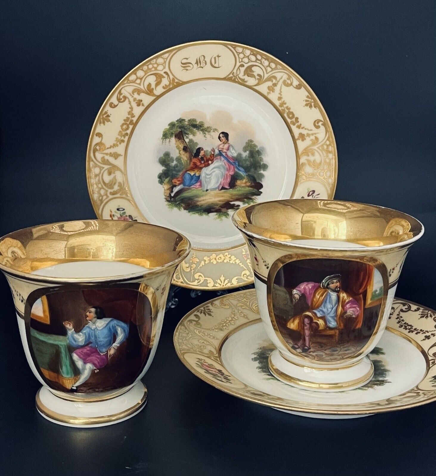 OLD PARIS Porcelain Hand Painted Monogram CHOCOLATE CUPS & SAUCER Pair 1830s