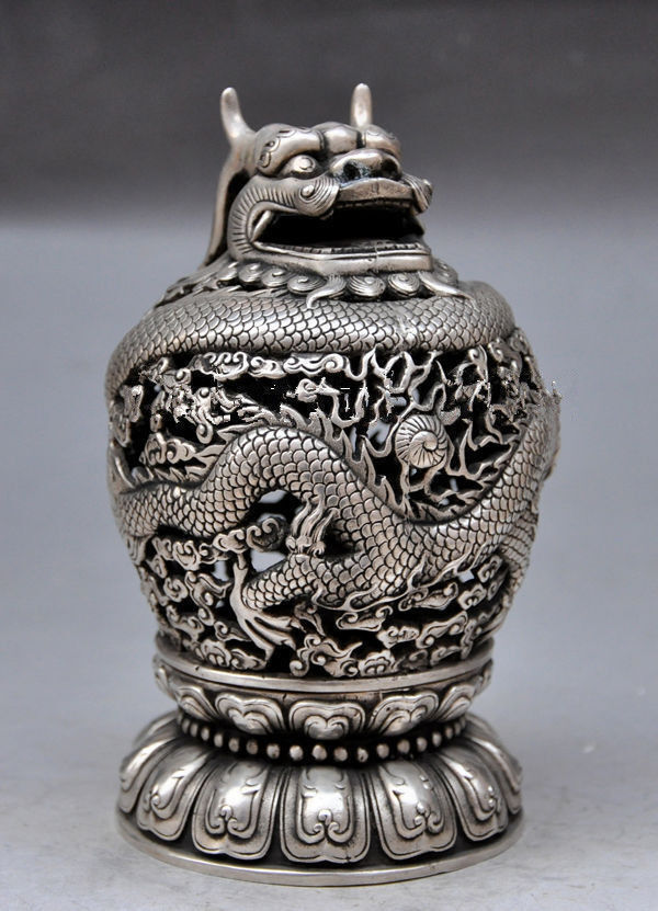 China\'s ancient hand-carved Tibet silver dragon lotus same incense burner sl