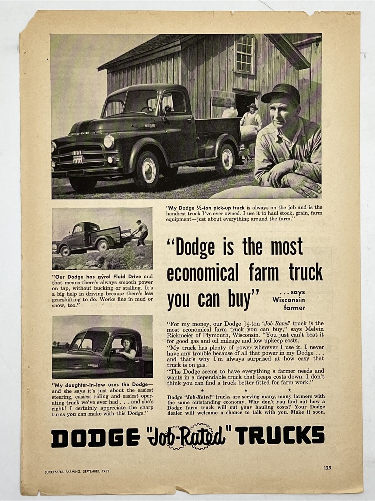 1952 DODGE JOB RATED TRUCKS Successful Farming Magazine PRINT ADVERTISEMENT