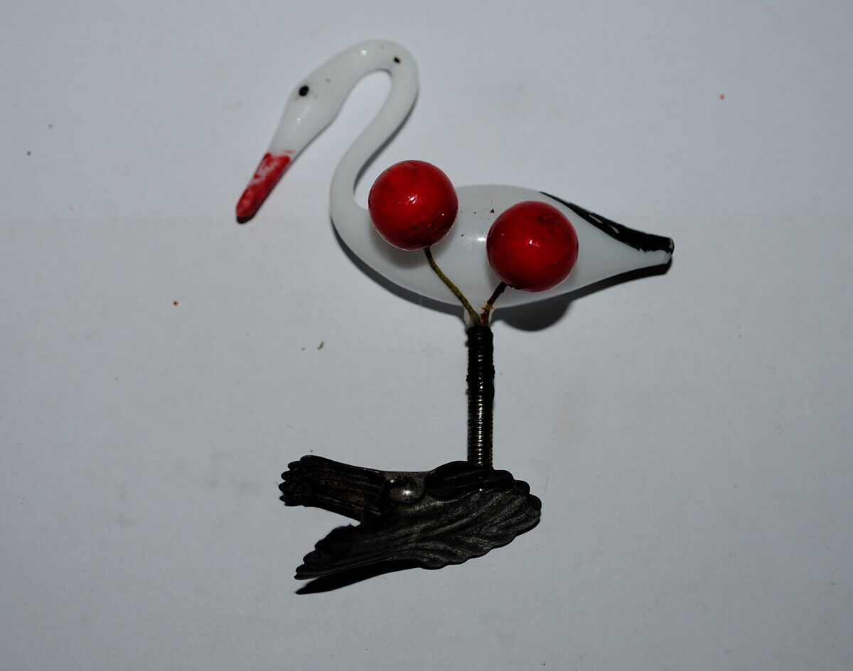 antique German christmas ornament mouth blown, Stork on clip