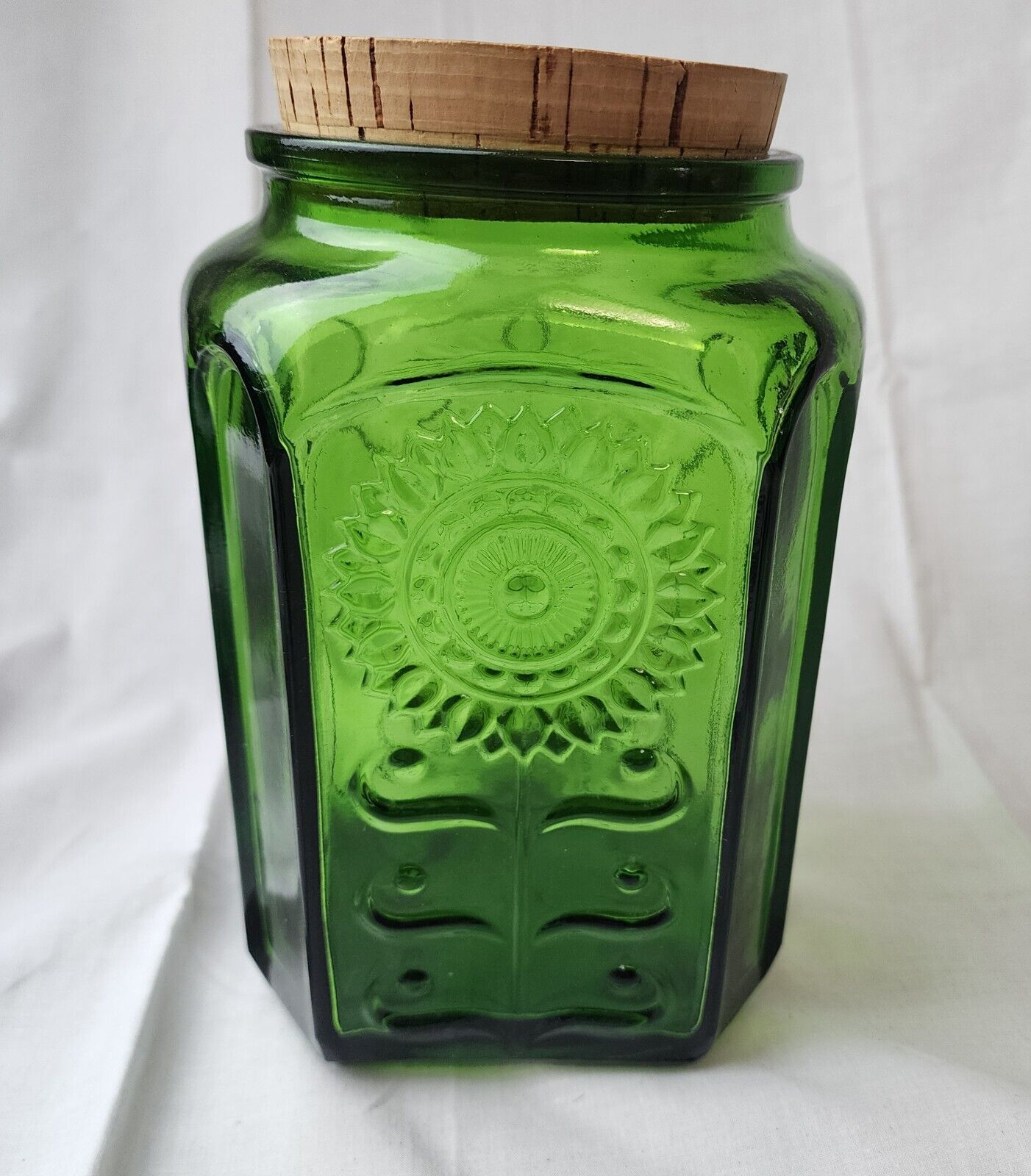 Vintage 1960\'s Wheaton Glass Emerald Green Sunflower Canister Jar with Cork Lid