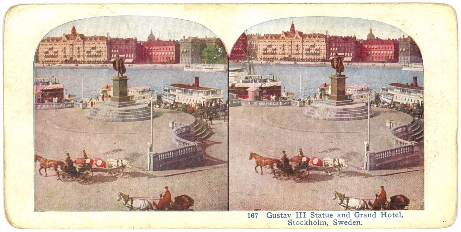 c1900's Colorized Stereoview  Gustav III Statue & Grand Hotel Stockholm, Sweden