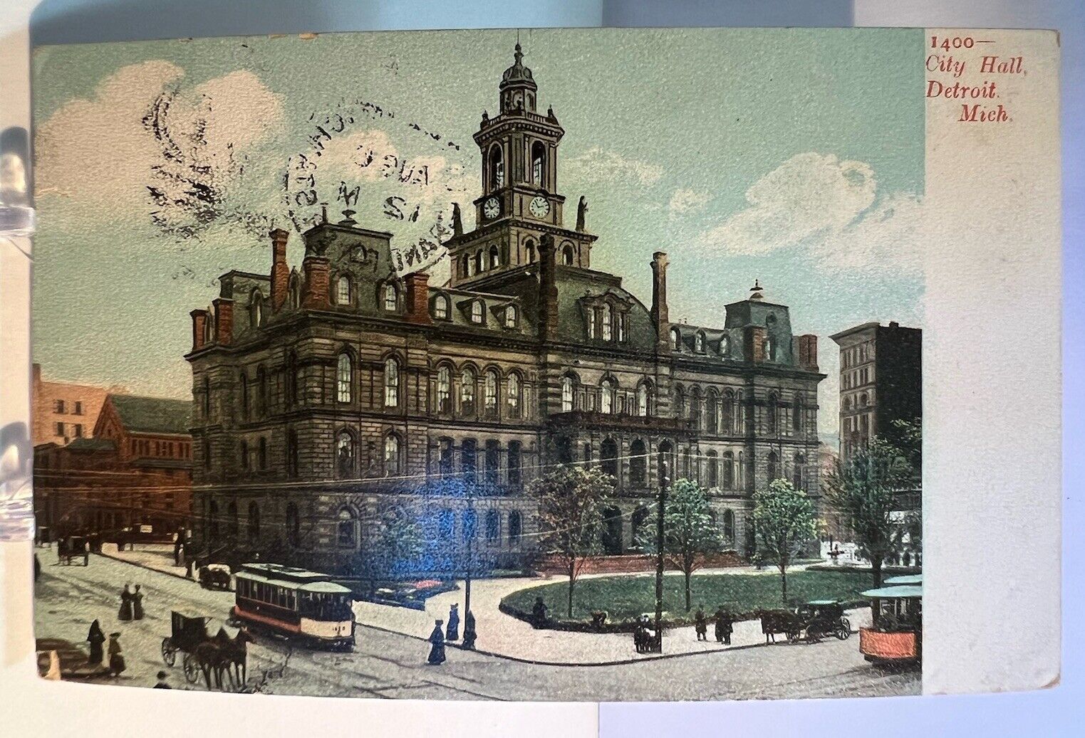 Vintage Postcard City Hall Detroit MI Trolley Car 1909