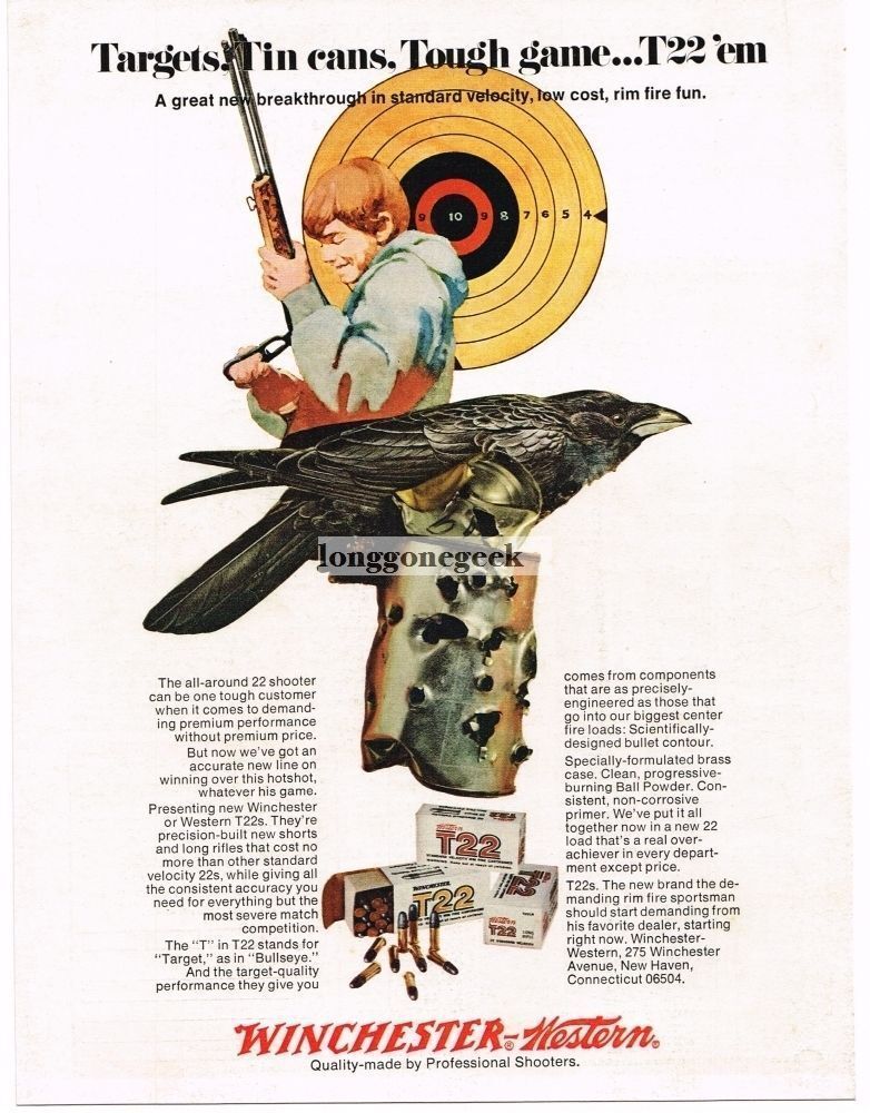 1971 WINCHESTER-WESTERN T22 Rimfire Bullets Crow Tin Can Vintage Print Ad 