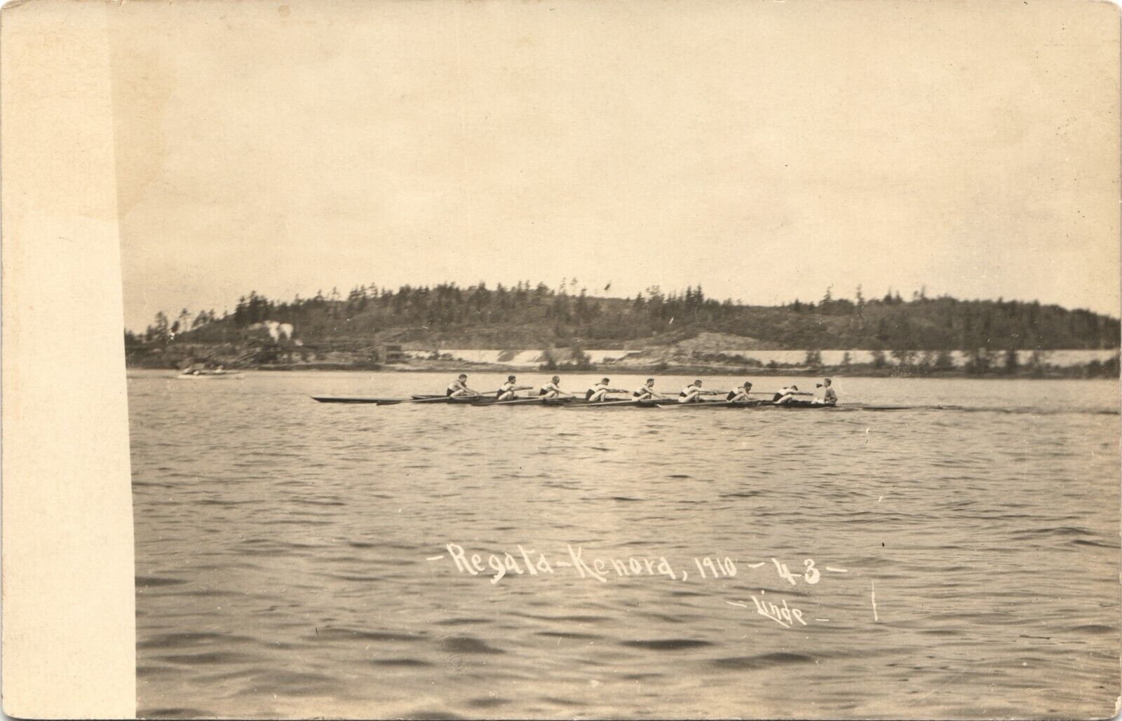 REGATTA original real photo postcard rppc KENORA ONTARIO CANADA 1910 rowing boat