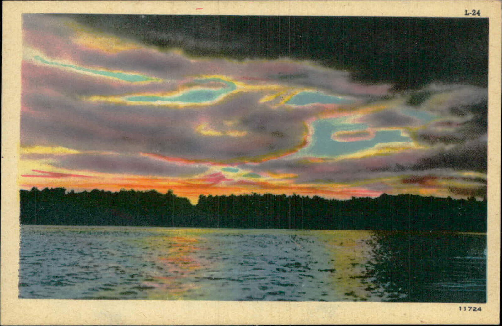 Postcard: Artist Rendition of night Sky over Country lake scene