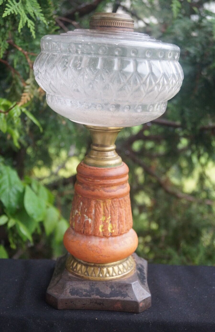 Antique 1870s Victorian Beaded Geometric Pattern Glass Oil Lamp - EAPG