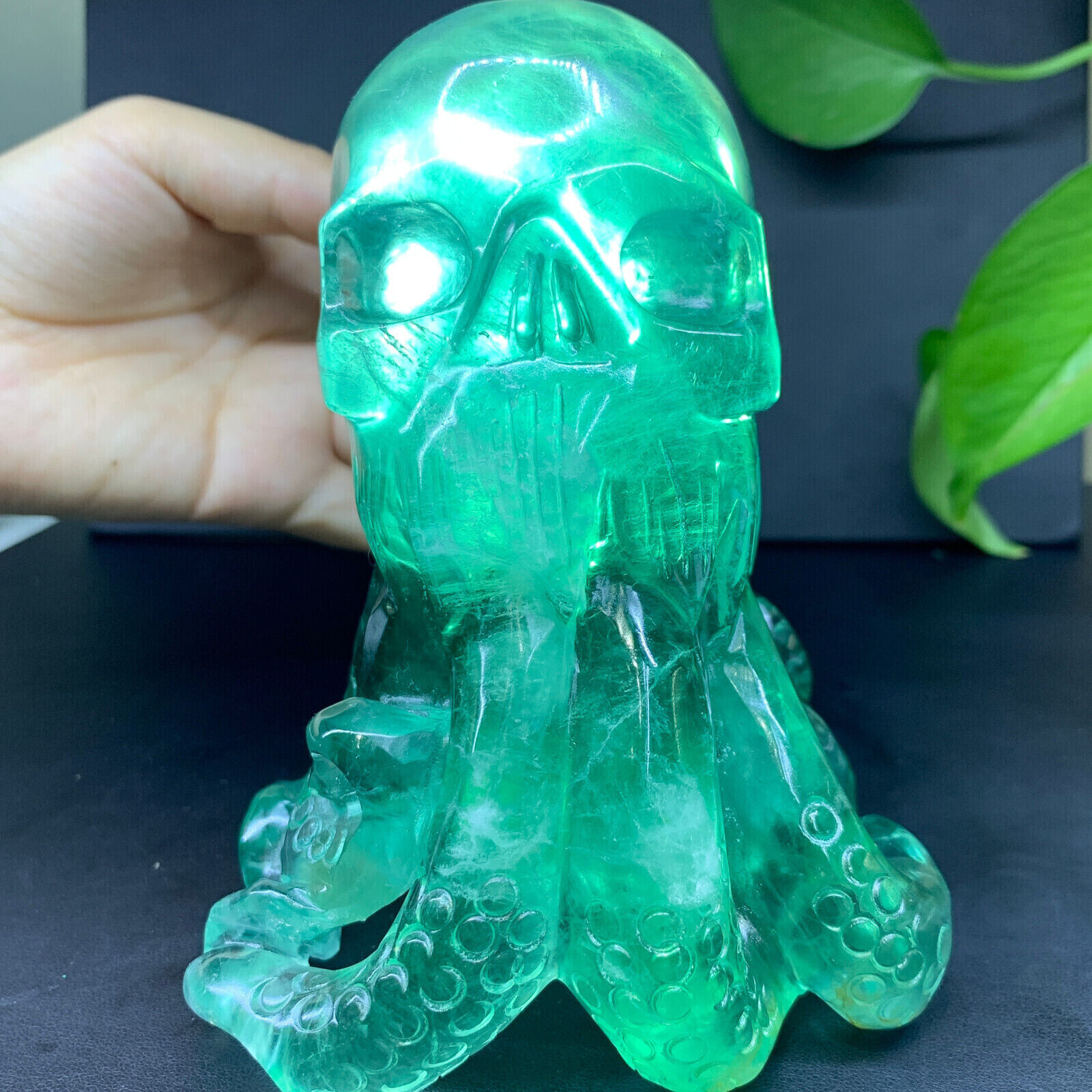 3.06lb Natural Green Fluorite Quartz Carved Crystal Octopus Skull Reiki Decor