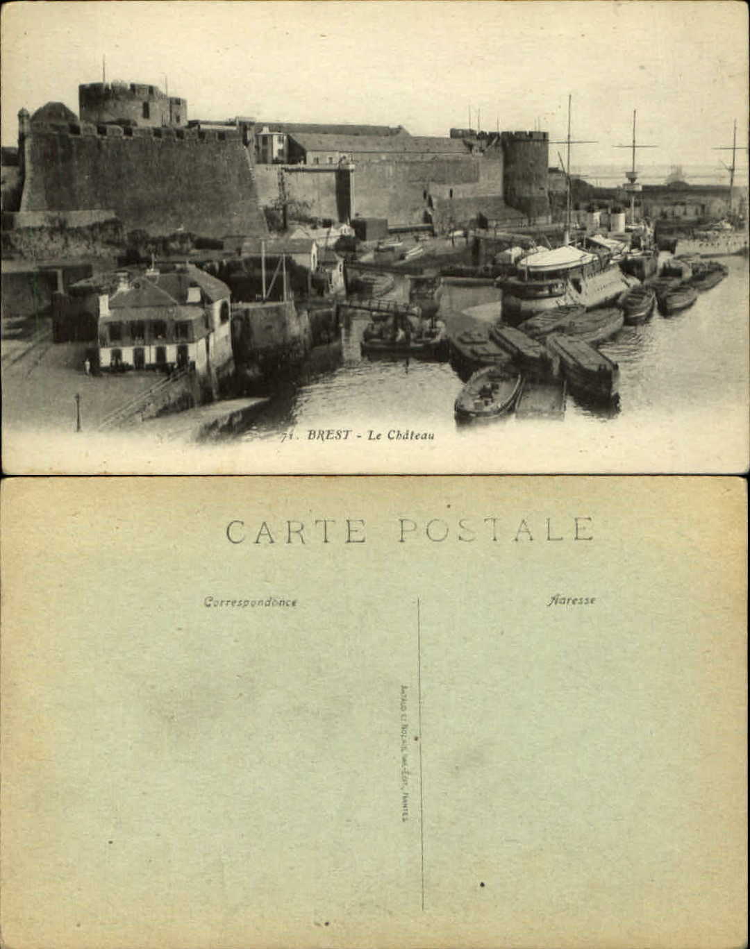 Brest France Le Chateau boats ships ~ vintage postcard