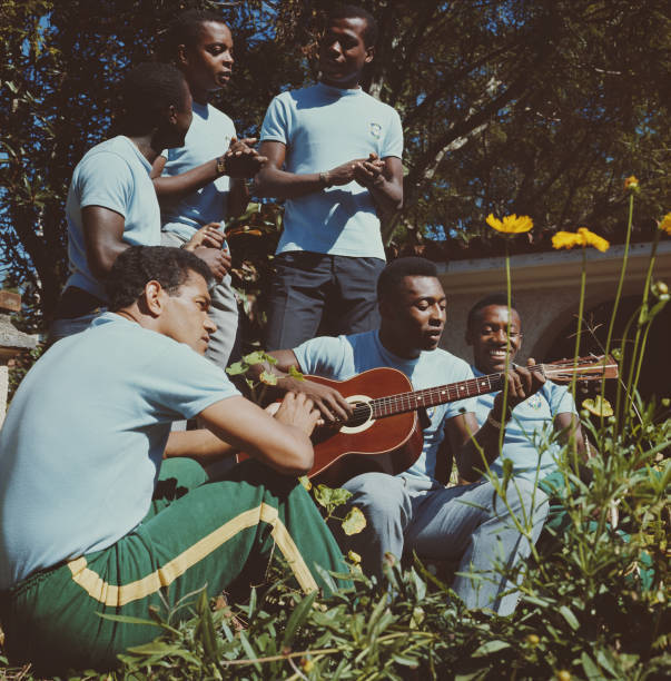 Brazilian Footballer Pele Plays An Acoustic Guitar Surrounded 1960s Old Photo