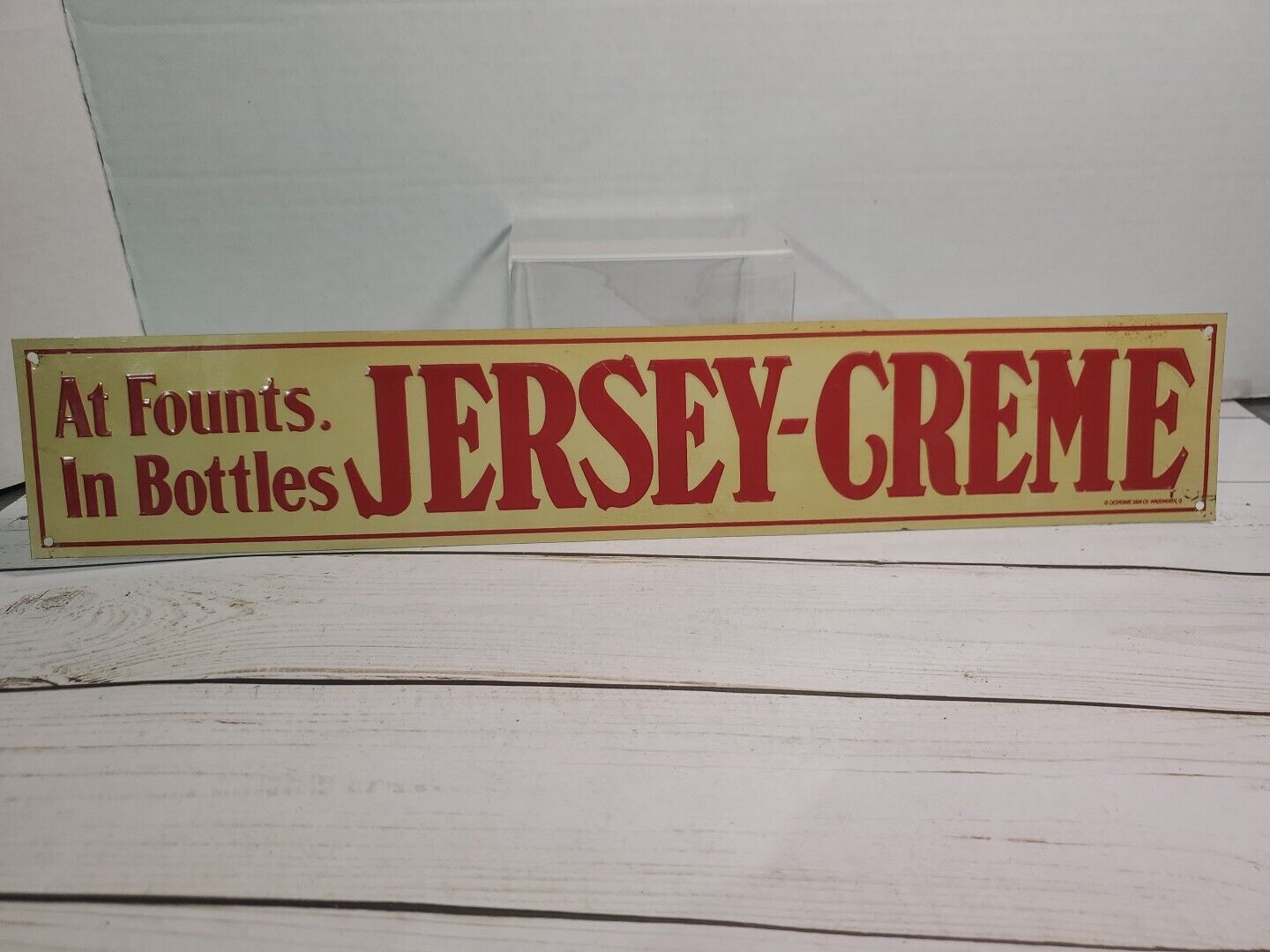 VTG JERSEY-CREME At Founts. In Bottles Embossed Soda Tin Metal Sign 17x3 Clean 