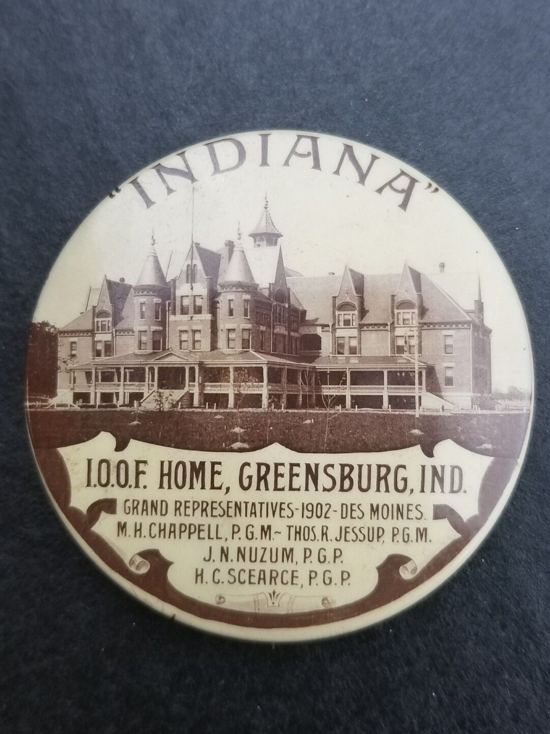 Greensburg Indiana IOOF Home pinback RARE 1902 Tower Tree History 
