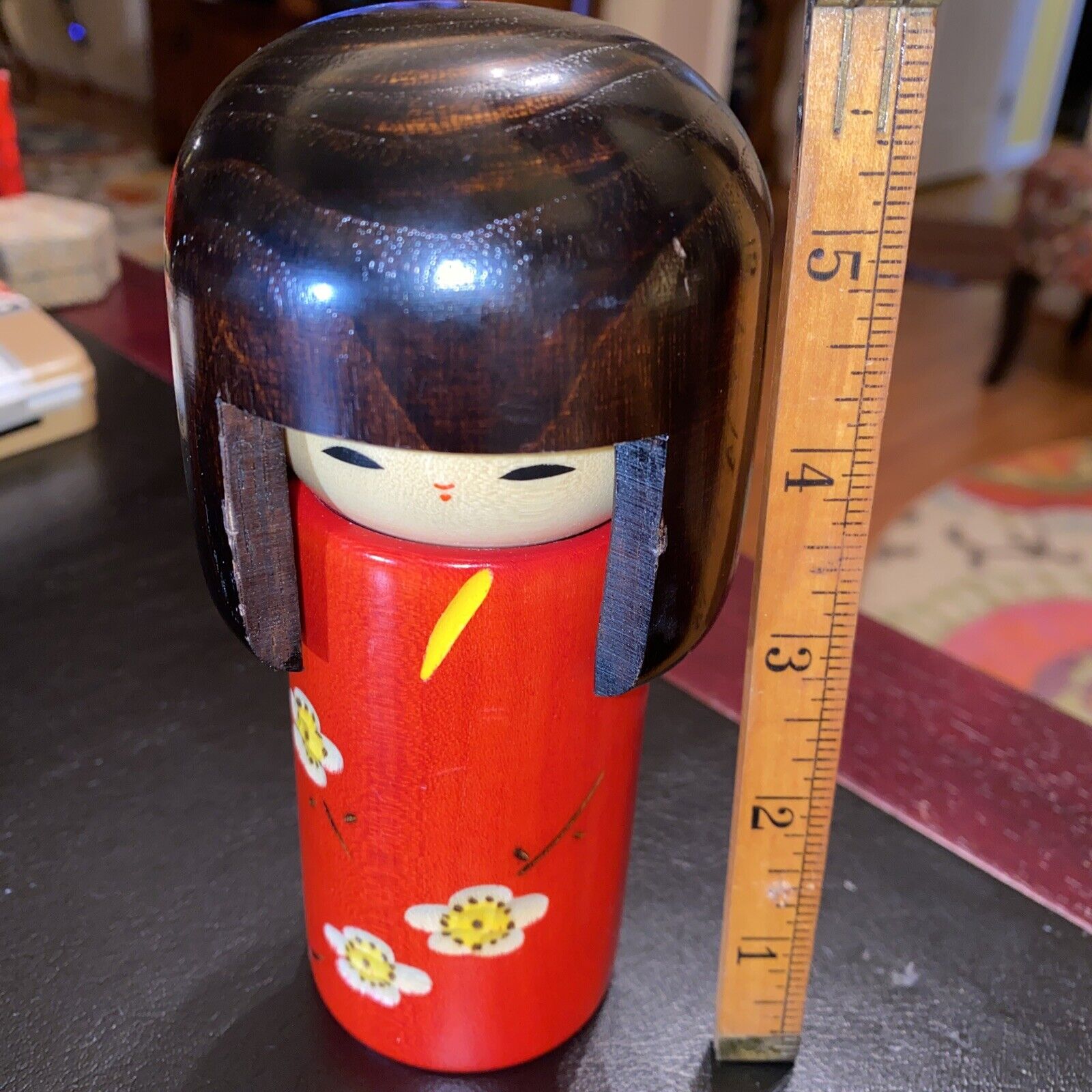 Super Cute Kokeshi Doll Flowering Red MADE IN JAPAN Signed