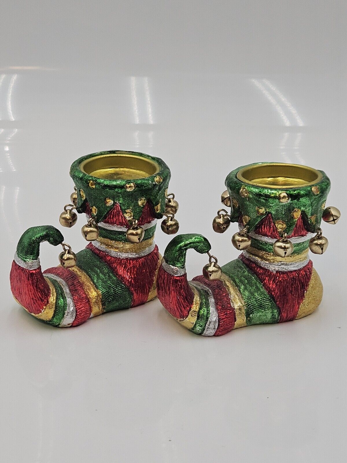 Pair Christmas Elf Shoe  Candle Holders With Bells Made Of Resin Painted 3\