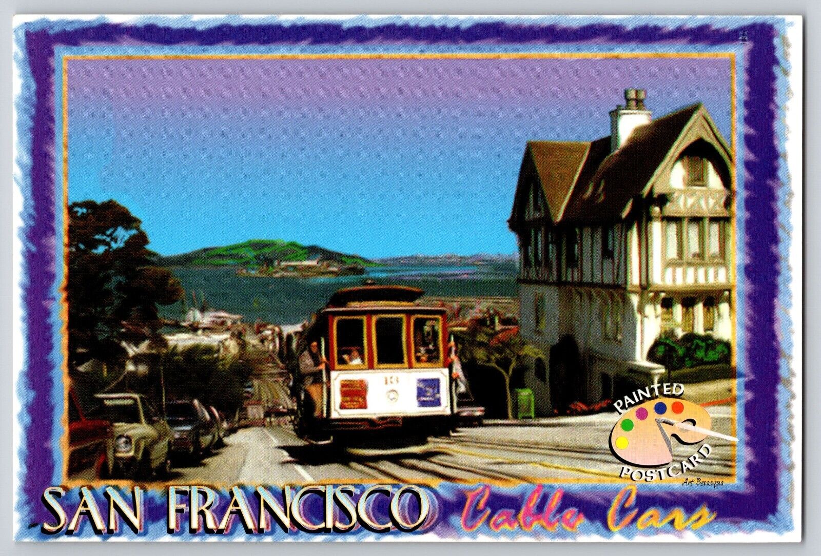 Postcard San Francisco California Cable Cars Bay View Alcatraz Painted Postcard