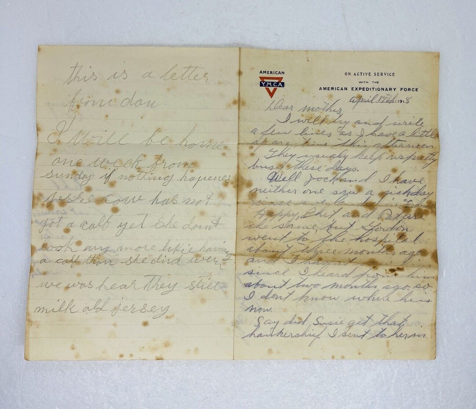 Rare 1918  YMCA Logo WW 1 Letter Active Service American Expeditionary Force P2