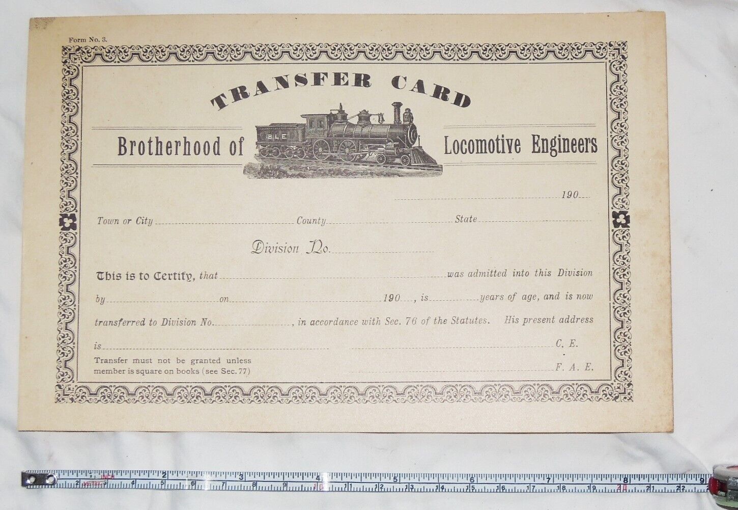 Brotherhood of Locomotive Engineers 190x Membership & Transfer Forms, not repro