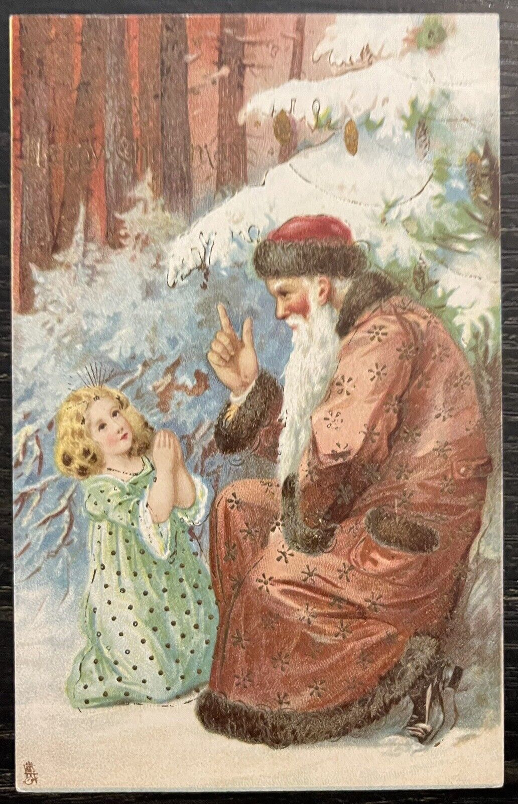 Tuck’s c1908 Christmas Brown Robe Santa Claus Praying Girl Vintage