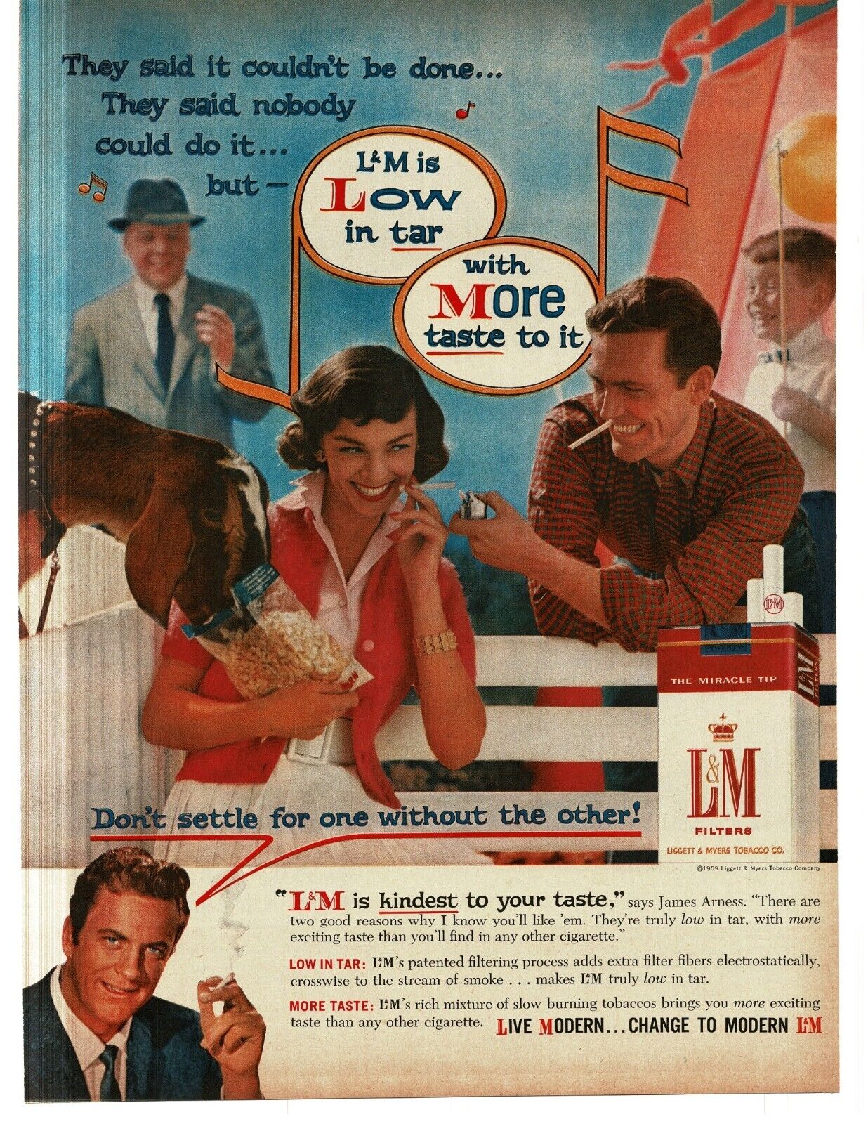 1959 L&M Cigarettes man woman at country fair James Arness Matt Dillon Print Ad