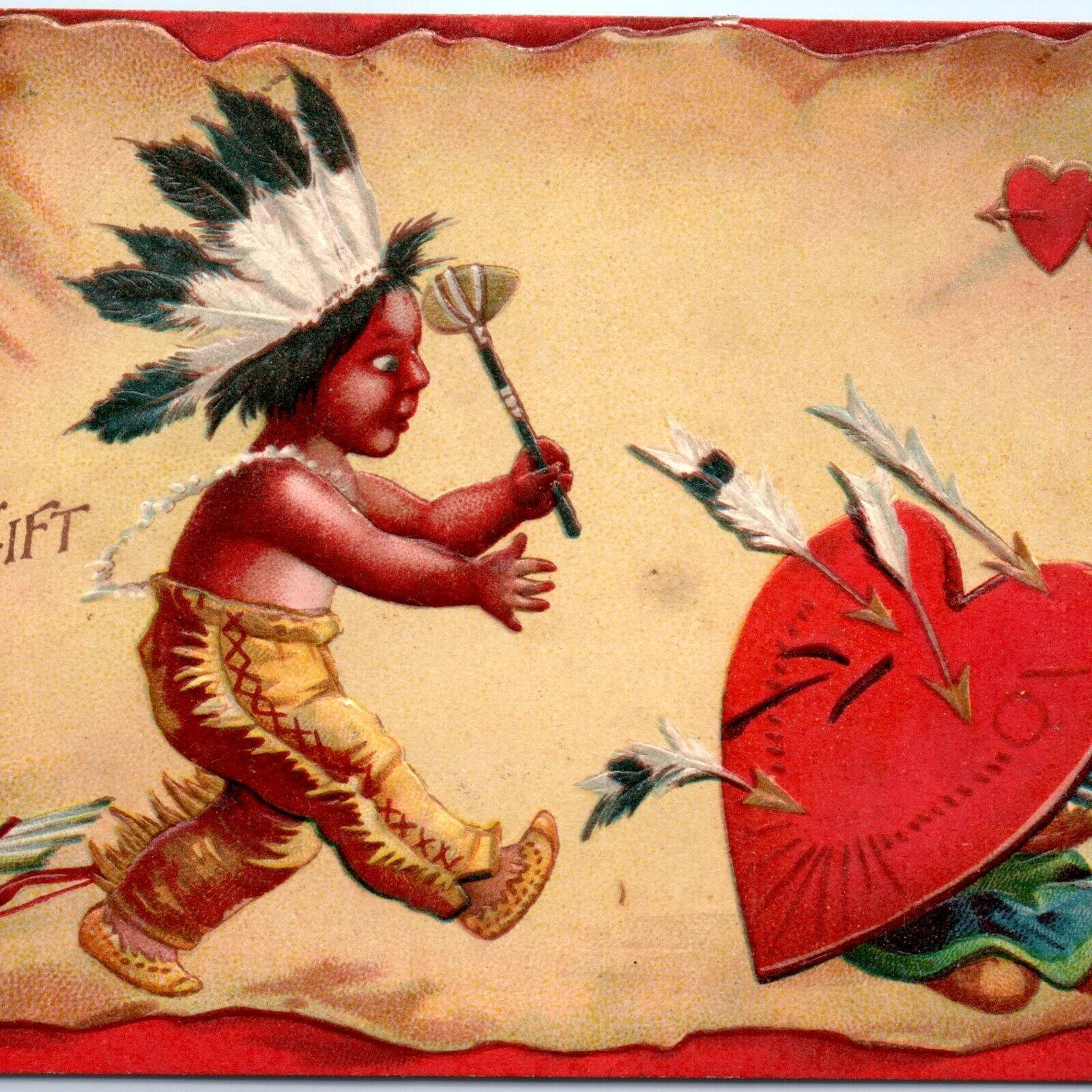 c1910s Cute Child Indian Girl Heart Shield Love Arrow Postcard Valentine A86