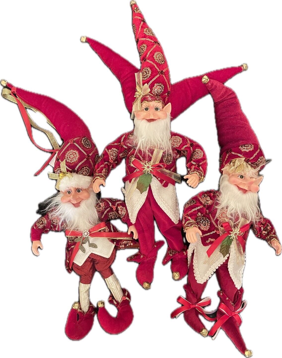 3PC  SET - Christmas Handmade Holiday Posable Elves And Jester Figurines / Dolls
