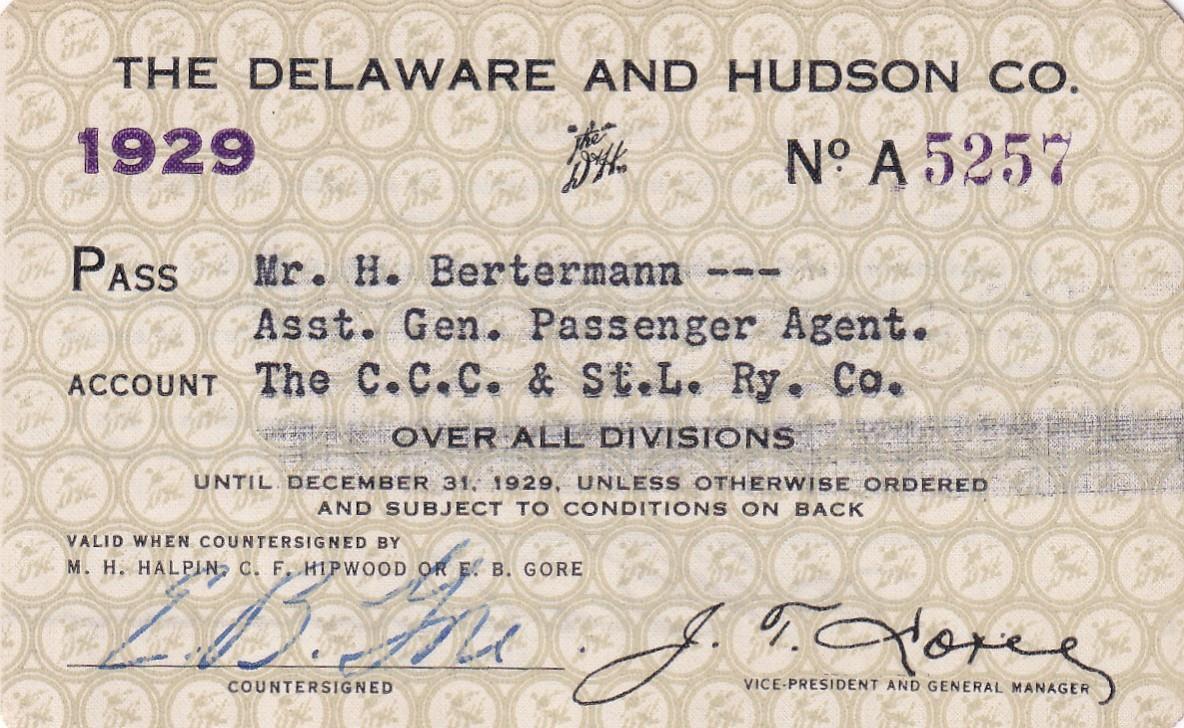 1929 D&H Delaware & Hudson Railroad employee pass - Big 4, CCC&StL