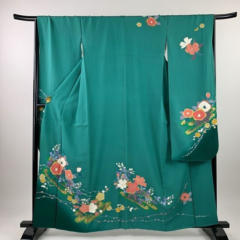 Japanese Kimono Furisode Pure Silk Flower Raft Camellia Gold Paint Emerald Green