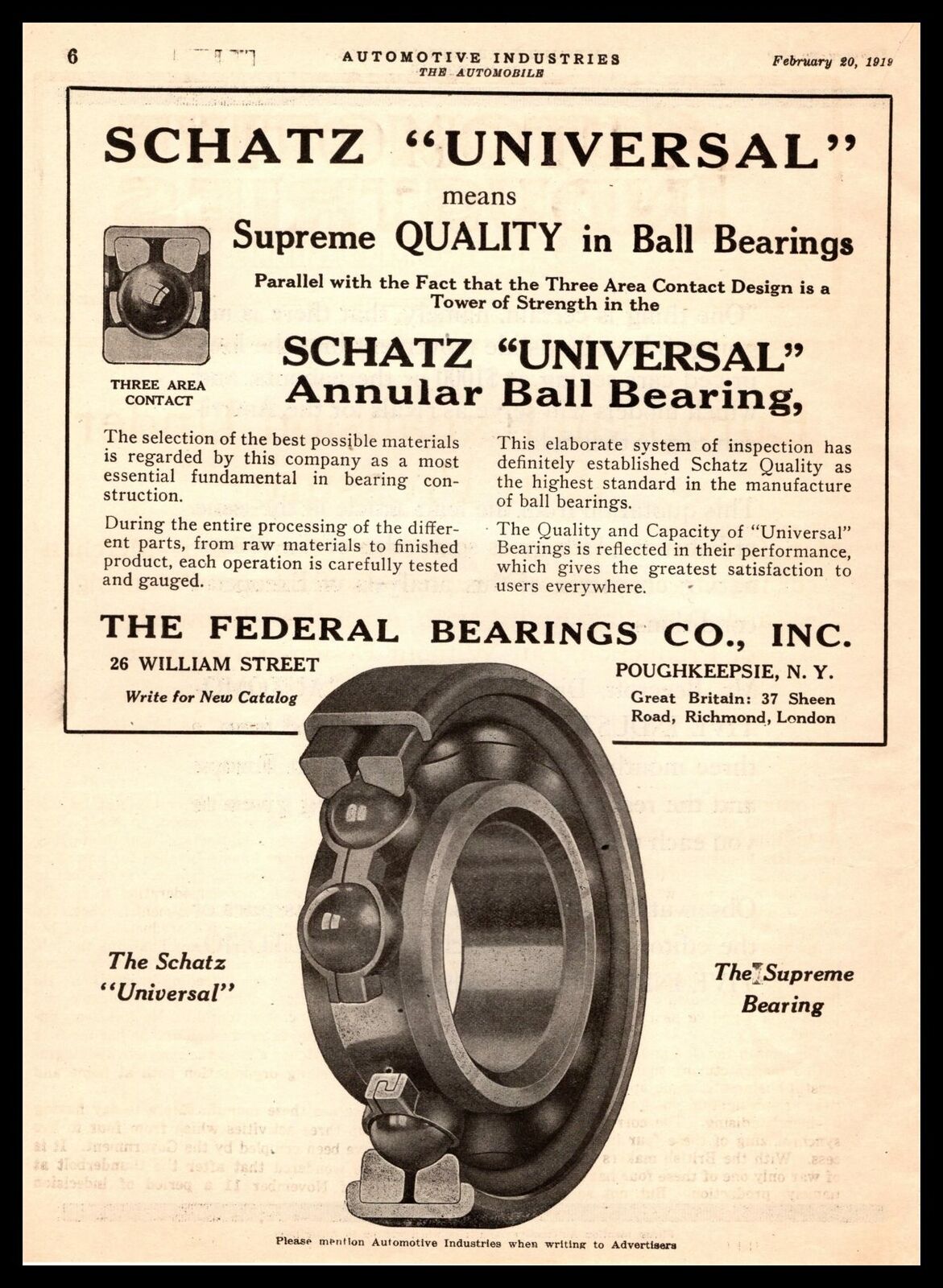 1919 Federal Bearings Co Schatz Universal Poughkeepsie New York Vintage Print Ad