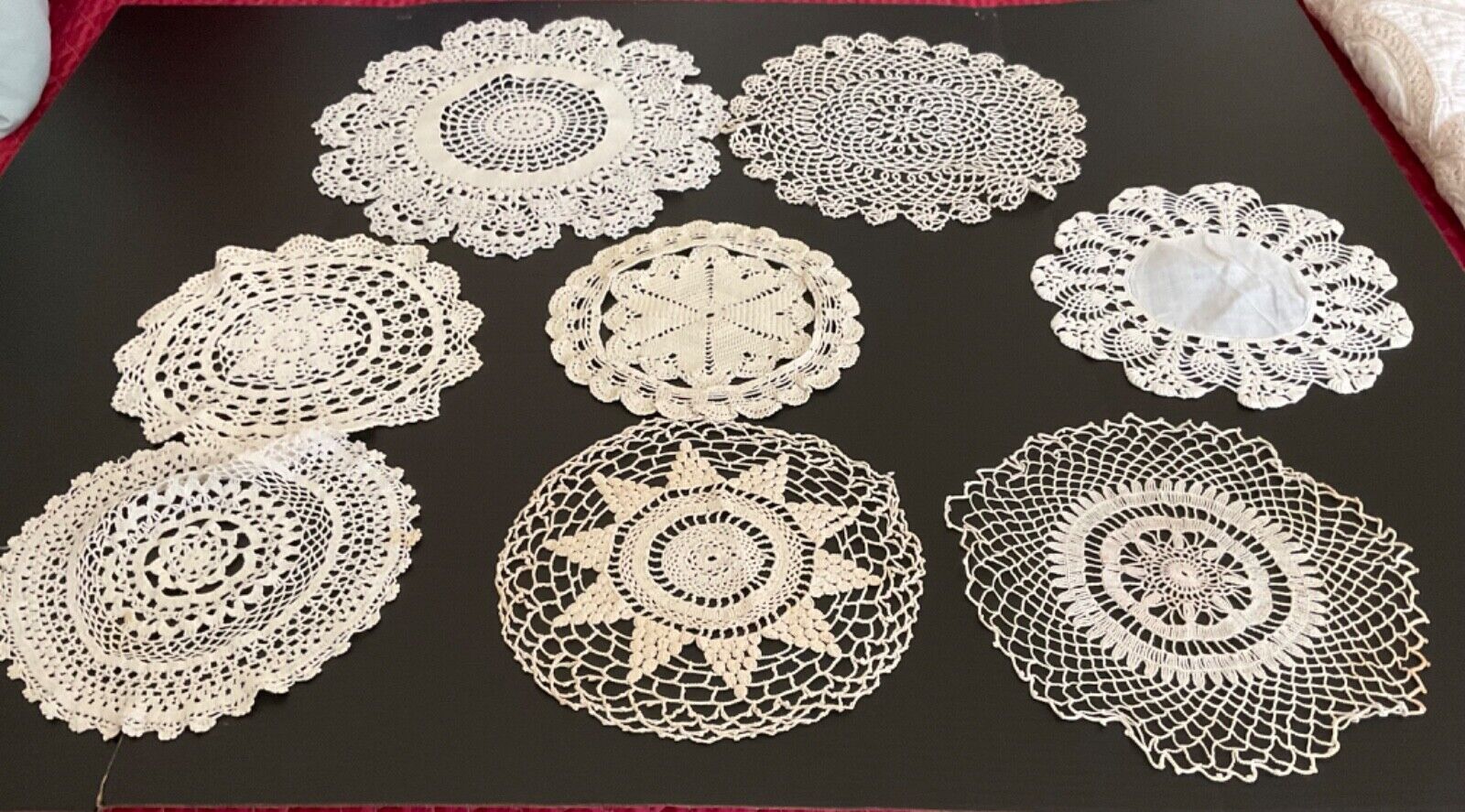 Estate Sale find. Lot of 8 white / off white Handcrafted Round Doilies.