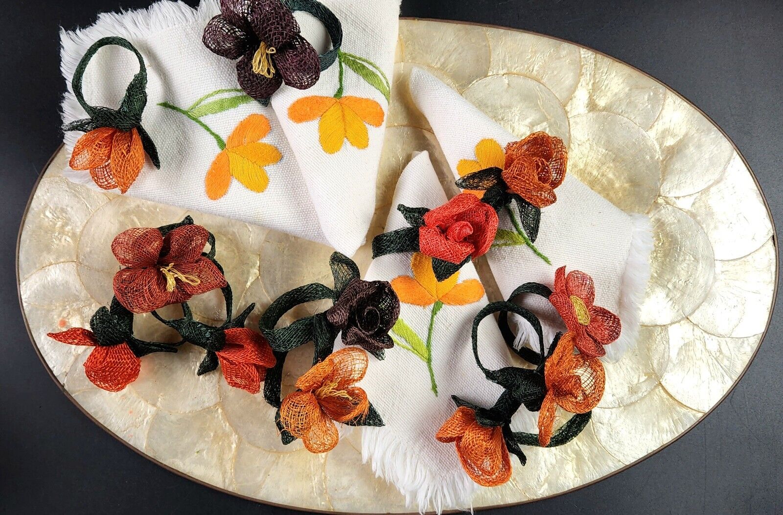 Vintage- Multi-Color Manila Hemp Floral Napkin Rings  - Beautiful- Set of 12 