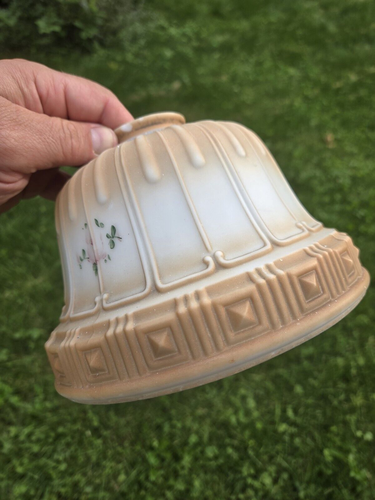 Antique Art Deco Matte White Brown Milk Glass Lamp Shade Hand Painted Flowers