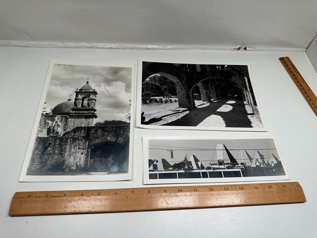 Black White Photo Mission? Church? Arch stone Metal Roof Buildings Kodak Paper