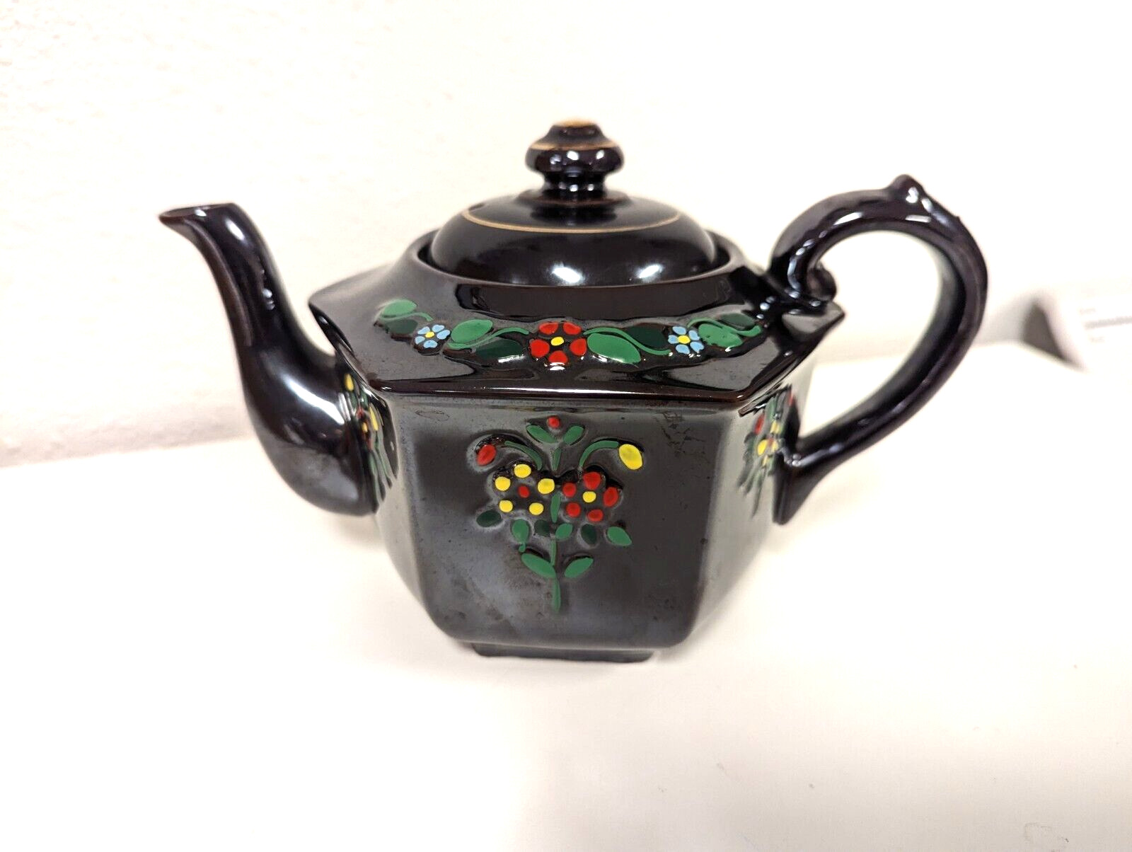 Vintage Brown Betty Redware Teapot Japan Moriage Enamel Hand Painted Flowers MCM