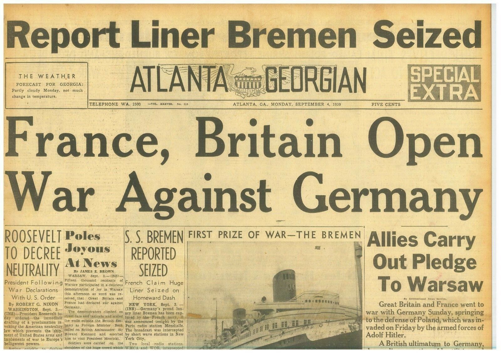 France & Britain at War with Germany Allies\' Pledge to Poland September 4 1939
